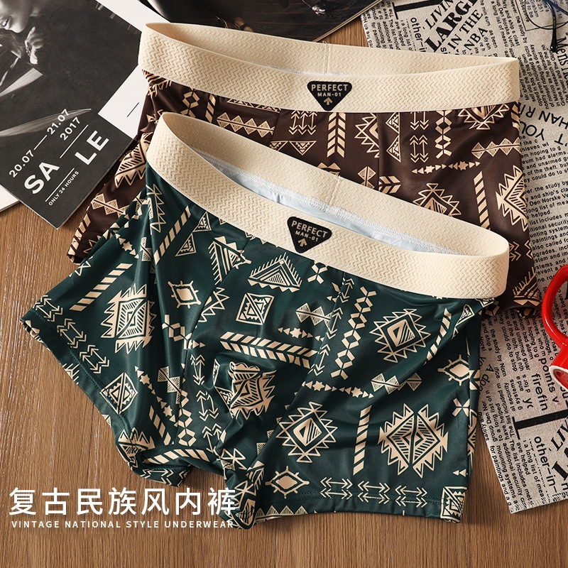 Trendy American Retro Men's Boxer Briefs with Ethnic Style, Breathable Crotch, Fashionable and Skin-Friendly Four-Corner Shorts