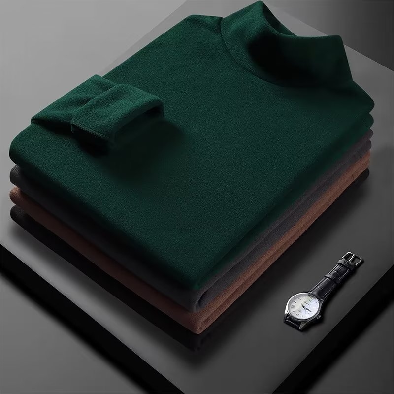 Double-Sided Velvet Half Turtleneck Warm Men's Base Layer Slim Solid Color Mid-Neck Long-Sleeve T-Shirt Top for Men in Autumn and Winter